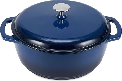 Miniatura 14 de Amazon Basics Olla de horno holandés de hierro fundido con tapa, esmaltada, redonda, doble asa, resistente, pequeña, 4.3 cuartos de galón, azul