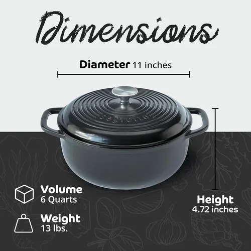 Miniatura 2 de Segretto Cookware Horno Holandés de Hierro Fundido Esmaltado, 6 Cuartos, Negro negro (Nero)