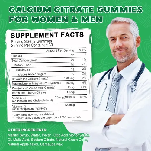 Miniatura 6 de Gomitas de Citrato de Calcio 1200 mg con Vitamina D3, Citrato de Calcio Magnesio Zinc con Suplemento de Vitamina D3 para Mujeres y Hombres Soporte