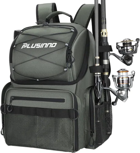Miniatura 11 de PLUSINNO - Mochila de pesca con portacañas y enfriador de 45L, mochila grande resistente al agua para aparejos de pesca, ideal para guardar