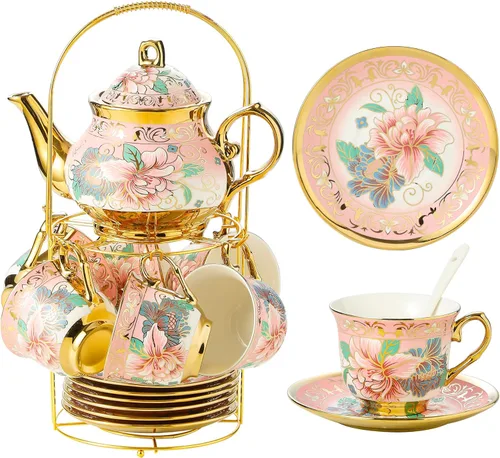 Miniatura 12 de Juego de té de cerámica europea de 20 piezas para adultos con soporte de metal y pintura de flores (versión crema grande)