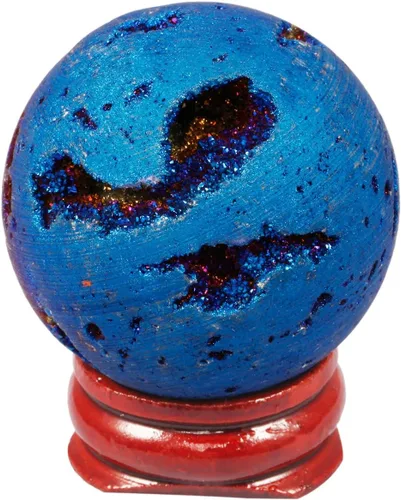 Nupuyai Esfera de ágata de geoda drusa recubierta de titanio con soporte de madera, bola de cuarzo de cristal de energía curativa para decoración de