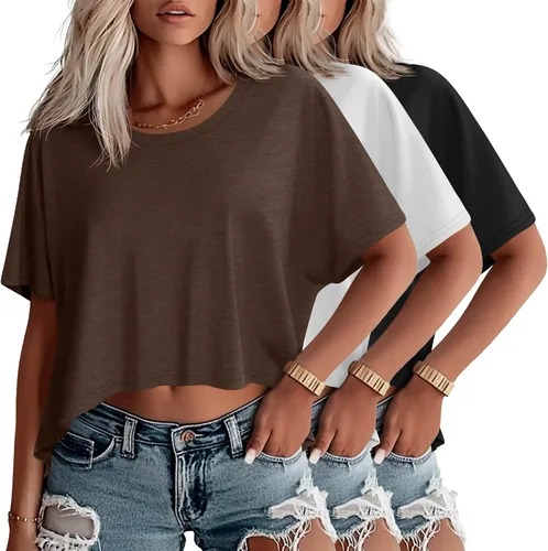 Miniatura 25 de Huukeay Paquete de 3 camisetas recortadas de gran tamaño para mujer, manga corta, holgadas, cuello redondo, holgadas, para entrenamiento
