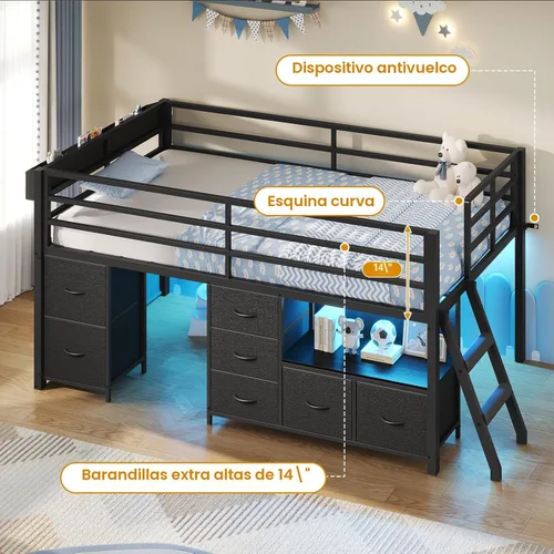Miniatura 3 de ADORNEVE Cama baja tipo loft tamaño individual con 7 cajones de almacenamiento, estantería y luces LED, cama alta de metal para niños con barandilla