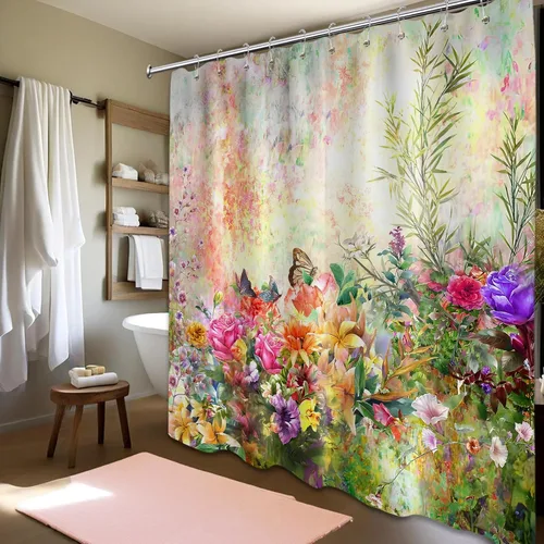 Miniatura 3 de Cortina de ducha floral para primavera y verano, flores silvestres, flores y mariposas, decoración de baño, tela impermeable con ganchos, 70