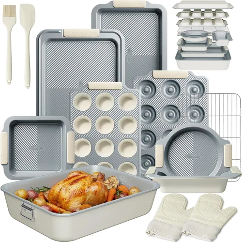 Miniatura 10 de Kikcoin Juego de 25 moldes apilables para hornear, juegos de utensilios para hornear antiadherentes con asas de silicona, hojas de galletas aptas