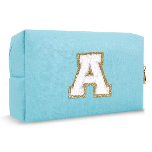 Miniatura 153 de Pequeña bolsa de maquillaje personalizada con inicial A-Z Preppy Patch, bolsa de cosméticos de viaje de felpilla blanca con cremallera, bonita bolsa