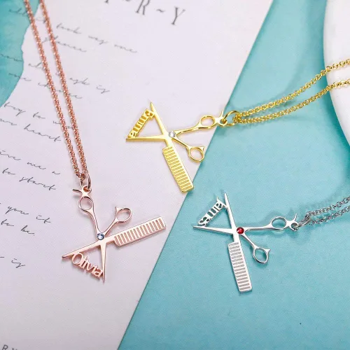 Miniatura 3 de AILIN Collar de peluquería personalizado de plata de ley 925 de acero inoxidable con nombre personalizado, peine de tijera, dije de tijera