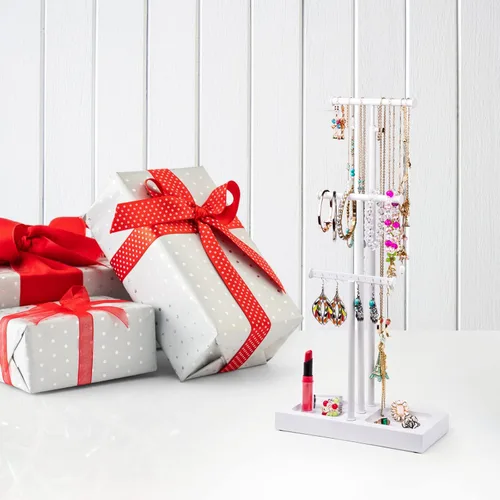 Miniatura 6 de Love-KANKEI Soporte para árbol de joyería, base de metal blanco y madera, organizador de joyas grande para collares, pulseras, aretes, organizador