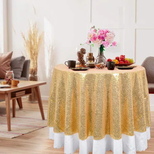 Miniatura 8 de DUOBAO Mantel Redondo Amarillo de 60 Pulgadas Mantel de Mesa con Lentejuelas Decoración de Cumpleaños Manteles con Lentejuelas Manteles de Mesa