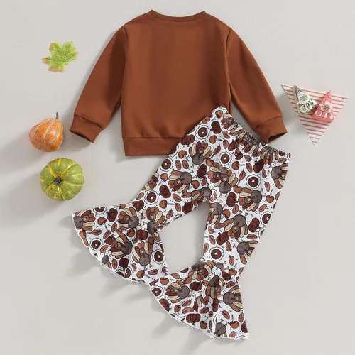 Miniatura 3 de BemeyourBBs Conjunto de sudadera de manga larga de pavo para niña con pantalones acampanados, ropa de otoño