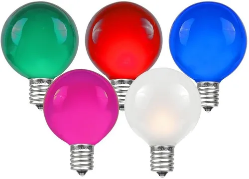 Novelty Lights Paquete de 25 bombillas G40 multicolor para exteriores, bombillas incandescentes de vidrio con 3000 horas de vida útil, bombillas de