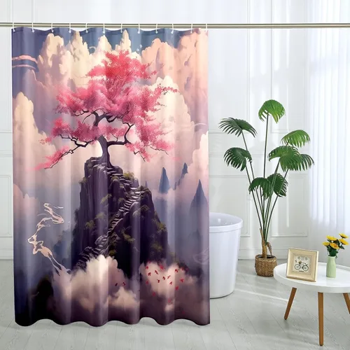 Miniatura 19 de Cortina de ducha japonesa Fuji Mountain de cerezo asiático, cortina de ducha con diseño de anime, decoración de baño, tela de poliéster, 62 x 72 Azul