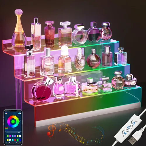 Miniatura 12 de Organizador de Exhibición de Acrílico de 12" con Luz LED - Soporte de Perfume de 3 Niveles y Estantes Escalonados de Exhibición, Organizador