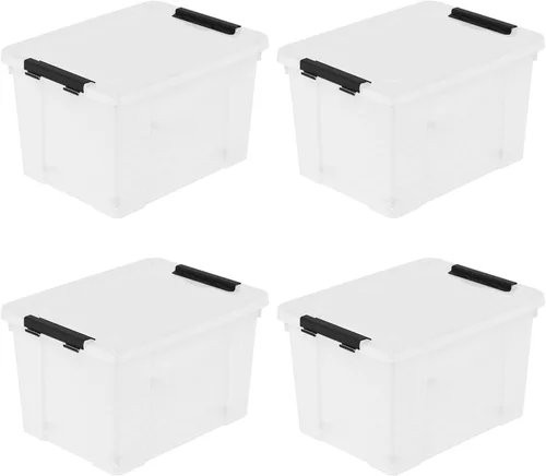 Juego de 4 contenedores de almacenamiento de plástico con ruedas, 23 L con pestillo transparente con tapas apilables