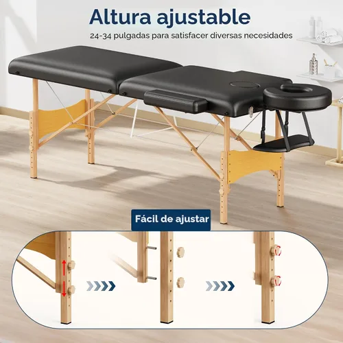 Miniatura 3 de Brelley Mesa de masaje portátil de madera para pestañas, altura ajustable, mesa de spa de 2 pliegues, cama plegable para tatuajes (negro)