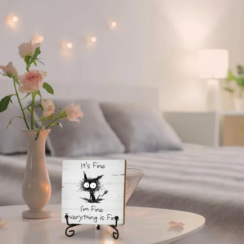 Miniatura 7 de Decoración de oficina en casa, regalos para mujeres y hombres, placa de madera humorística con soporte, decoración de escritorio de gato negro