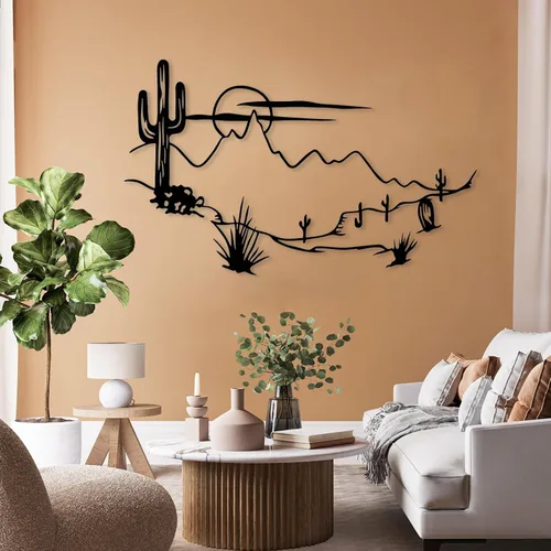 Miniatura 3 de Cadeali Arte de pared de metal de paisaje del desierto, decoración de pared de cactus de metal, decoración de pared del desierto bohemio, arte