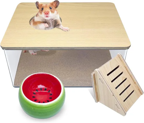 Miniatura 11 de PINVNBY Caja de baño de arena para hámster de madera con escalera de escalada, habitación de ducha, arena para excavar, contenedor de bañera