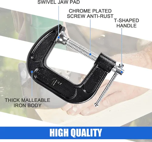 Miniatura 3 de 8 Pcs C Clamp 1 Inch Heavy Duty Steel C Clamp Set Cast Iron Frame Sliding T-Handle More Stability Massive Clamps for Woodworking, Welding, Building
