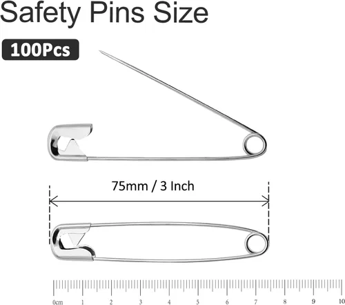 Miniatura 5 de 100 pasadores de seguridad de 2.953 in / 3 pulgadas, alfileres de seguridad grandes a granel, alfileres de costura de metal plateado, pasadores