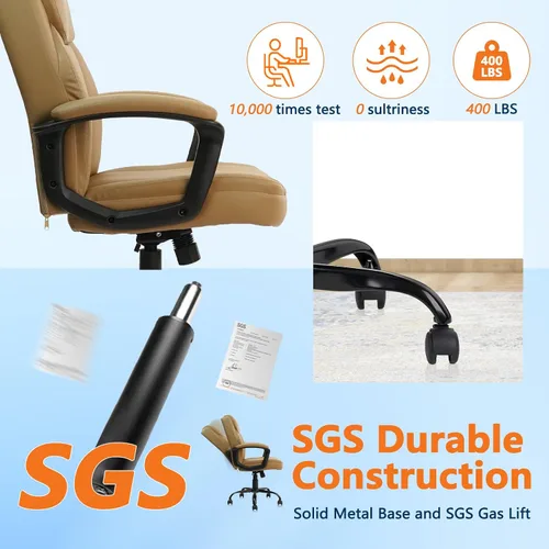 Miniatura 7 de CLATINA - Silla ejecutiva de oficina con respaldo medio de cuero, soporte lumbar y reposabrazos acolchados, diseño ergonómico ajustable y giratorio