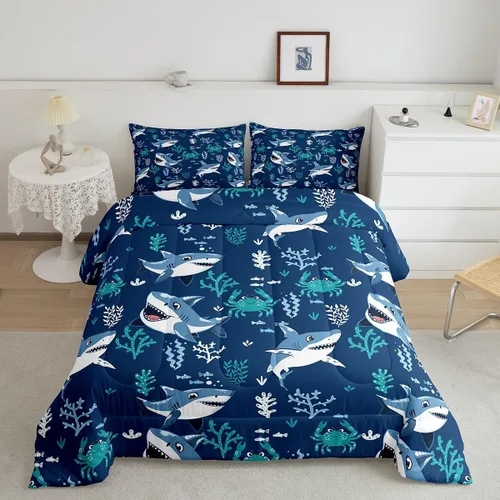 Miniatura 23 de Erosebridal Blue Ocean - Juego de edredón tamaño individual Juego de ropa de cama de ballena delfín y tortuga marina para niños y niñas, juego