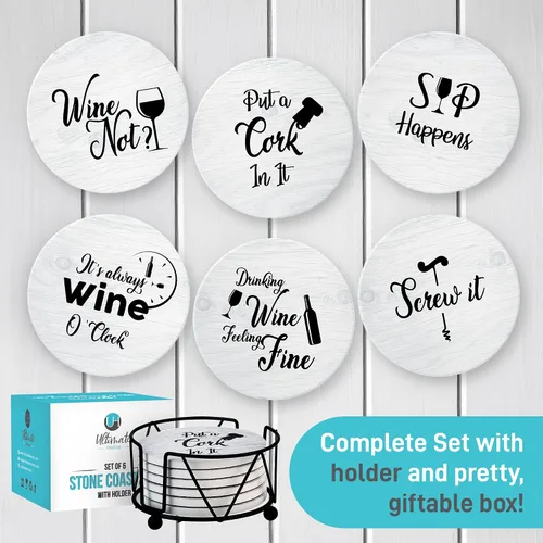 Miniatura 8 de Posavasos para bebidas absorbentes con soporte, juego de regalo de 6 piezas con 6 frases divertidas para amantes del vino, piedra de cerámica