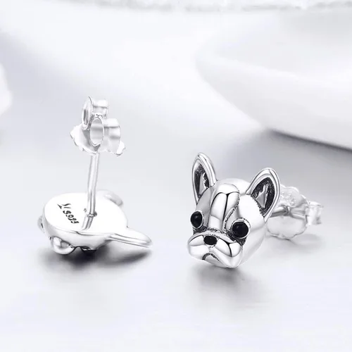 Miniatura 6 de Aretes tipo dormilona de plata de ley con diseño de bulldog francés para mujeres y niñas con orejas sensibles, bonitos regalos, Metal