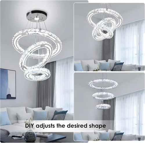Miniatura 9 de Candelabros de cristal modernos para bricolaje, 3 anillos, lámpara colgante LED regulable para cocina, comedor, sala de estar, dormitorio, base