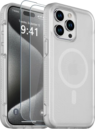Funda magnética para iPhone 15 Pro Max, [compatible con Magsafe] [10 pies de grado militar anticaídas] [con protector de pantalla de vidrio