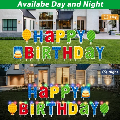 Miniatura 4 de ComboJoy 16 carteles de feliz cumpleaños con estacas, letreros de plástico personalizados con luces LED, 20 calcomanías de números y letras