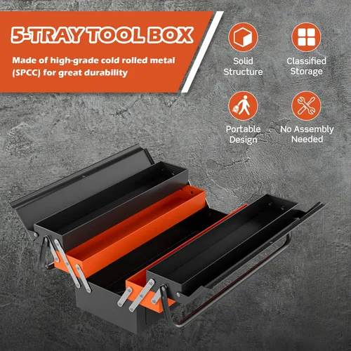 Miniatura 7 de Goplus Caja de herramientas de metal de 22 pulgadas, 3 capas y 5 bandejas, organizador de herramientas plegable portátil con asa y agujero