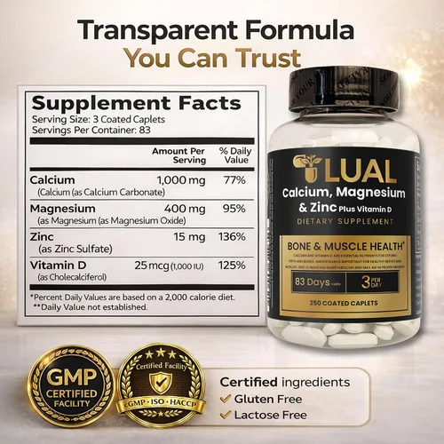 Miniatura 5 de Calcio, magnesio, zinc y vitamina D3. LUAL Calcio, magnesio y zinc con vitamina D - Suplemento de apoyo óseo y muscular para adultos, suplemento