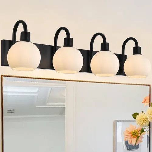 Miniatura 7 de Accesorios de iluminación de tocador de baño negros de 5 luces sobre espejo, iluminación moderna de pared con apliques de vidrio esmerilado