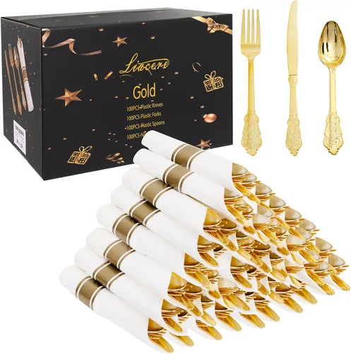Miniatura 14 de Liacere Juego de 100 cubiertos y servilletas azules preenrollados, desechables, de plástico azul, con servilleta: 100 tenedores, 100 cuchillos, 100
