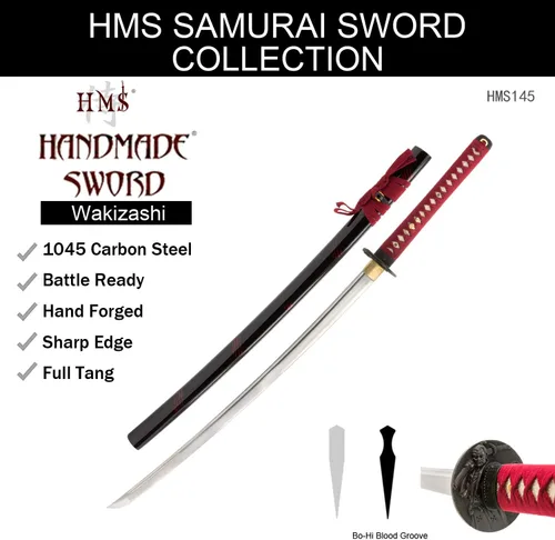 Miniatura 9 de HMS Espada samurai wakizashi japonesa, Oda Nobunaga Tsuba, forjada a mano, acero al carbono 1045, templado con calor, espiga completa, afilada oda