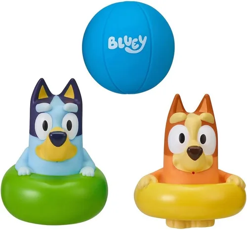 Bluey Paquete de 3 juguetes de baño flotantes, juego de juguetes acuáticos flotantes ligeros con bingo y pelota de playa, juguetes de baño