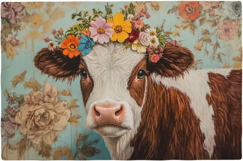 Juego de 6 manteles individuales de vaca de granja, lavables, diseño floral de vaca de primavera, resistentes al calor, de algodón, lino, para mesa