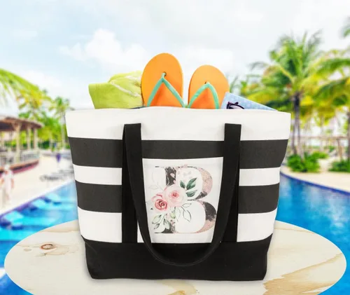 Miniatura 7 de PARBEE Bolso tote de lona con iniciales, diseño de rayas y flores, con cremallera superior, bolsas de playa grandes con monograma de regalo