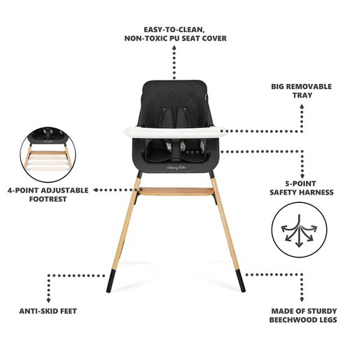 Miniatura 5 de Dream On Me Nibble Trona de madera 2 en 1 Silla de alimentación convertible para bebé con bandeja extraíble, reposapiés ajustable, arnés de 5 Negro