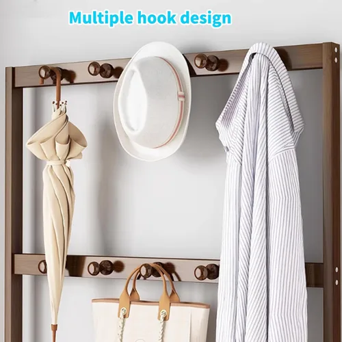Miniatura 4 de Bamboo Clothes Rack, Clothing Rack with Bottom Shelves and Hook, Freestanding Garment Racks, Open Coat Racks for Hallway Brown