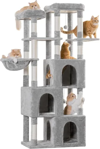 Miniatura 11 de MWPO Árbol grande para gatos de interior, torre de gatos de 63 pulgadas con 3 condominios para gatos, postes rascadores, pedestales acolchados, Beige