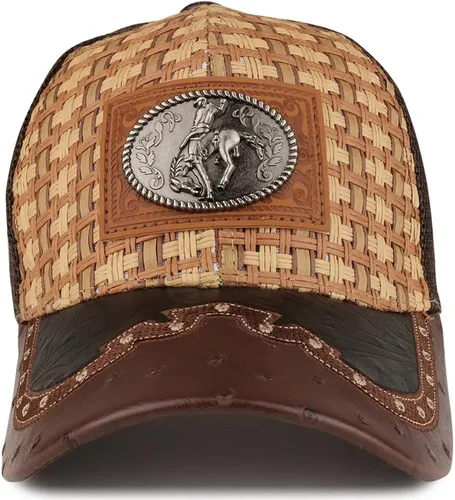 Miniatura 2 de Trendy Apparel tienda paja diseño metálico Rodeo Cowboy caballo Logo de metal camionero de malla gorra de béisbol