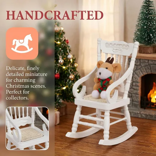 Miniatura 6 de SOIMISS Mecedora de madera blanca en miniatura, asiento de cuerda de cáñamo, escala 1:12, accesorios para muebles de casa de muñecas, decoración