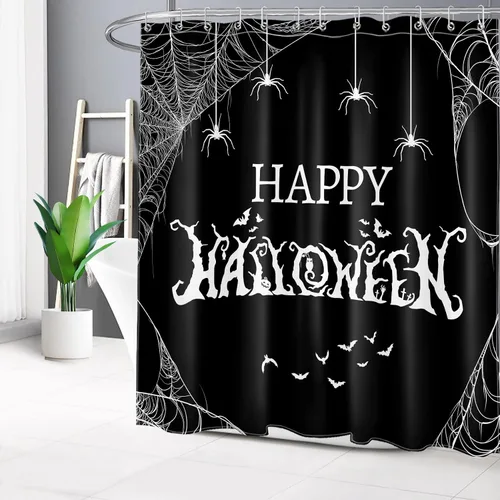 Miniatura 16 de LB Cortina de ducha espeluznante de Halloween, árbol muerto espeluznante con tela de araña de murciélago, cortina de ducha de baño con temática