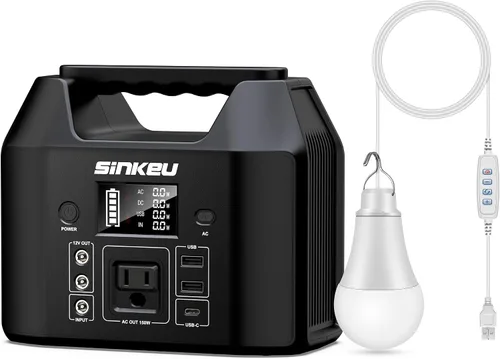 SinKeu Estación de energía portátil de 150 W con bombilla LED USB de 5 W, generador solar de batería LiFePO4 para uso doméstico, camping, RV,
