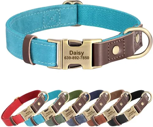 Miniatura 9 de Collares para perros personalizados, collar de piel sintética suave personalizada con nombre de mascota y número de teléfono para perros pequeños