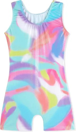 Miniatura 7 de HOZIY - Leotardos de gimnasia con pantalones cortos brillantes para niñas pequeñas; estampados de unicornio, aurora, arco iris, sirena, dinosaurio