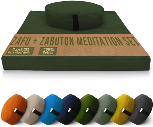 Miniatura 24 de Bean Products Juego de alfombrillas de meditación – Zafu almohada de piso orgánica de trigo sarraceno + almohadilla de oración Zabuton rellena